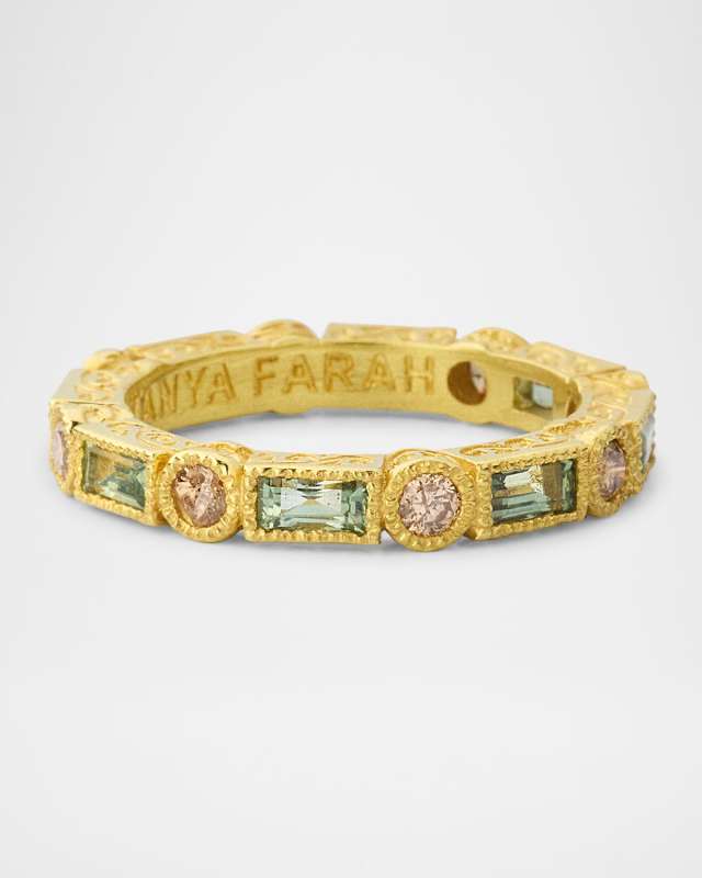 18K Yellow Gold Champagne Diamond and Green Sapphire Band Ring